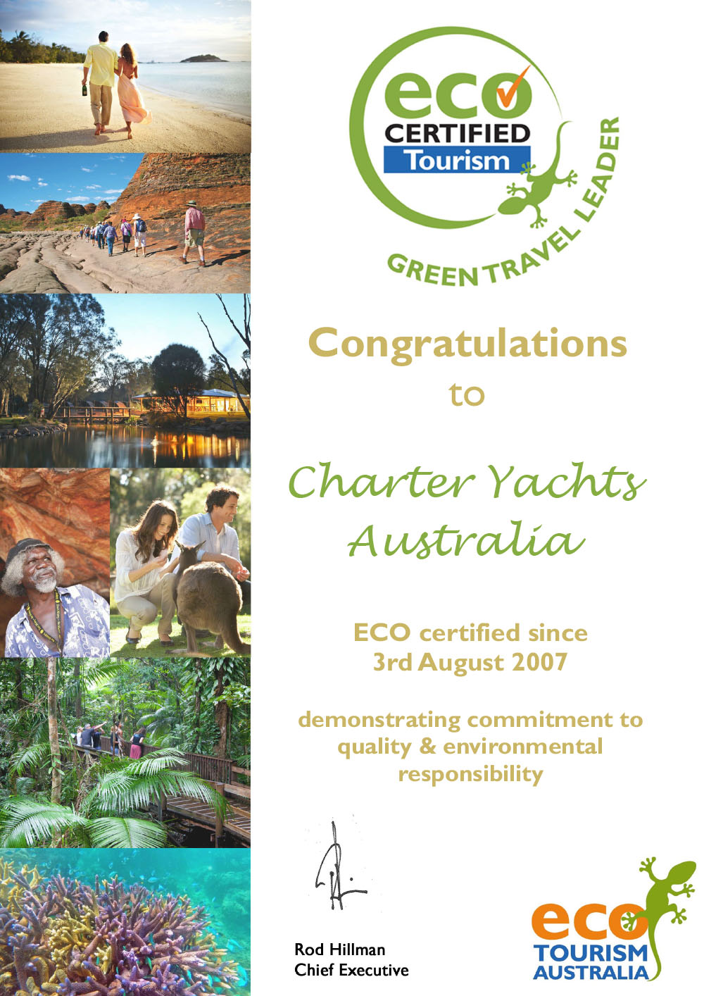 Charter Yachts Australia Eco Tourism Certificate 2019