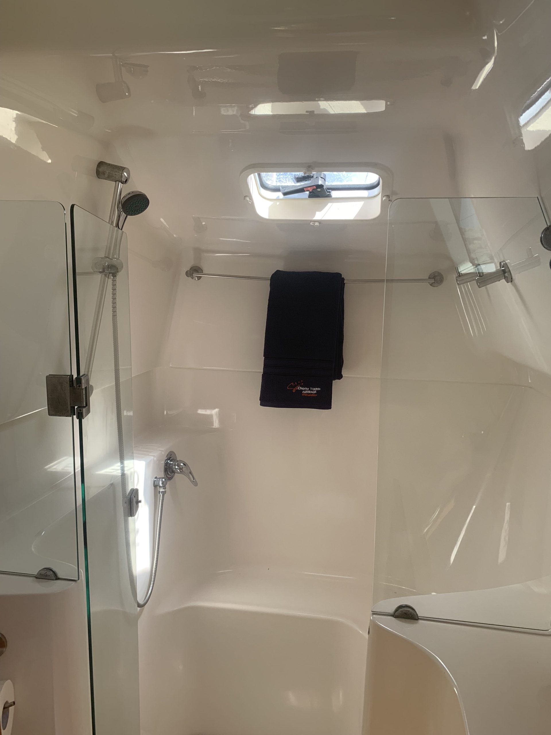 'Mischief' Lightwave 38 Sailing Catamaran Enclosed Shower Stall, Toilet & Vanity