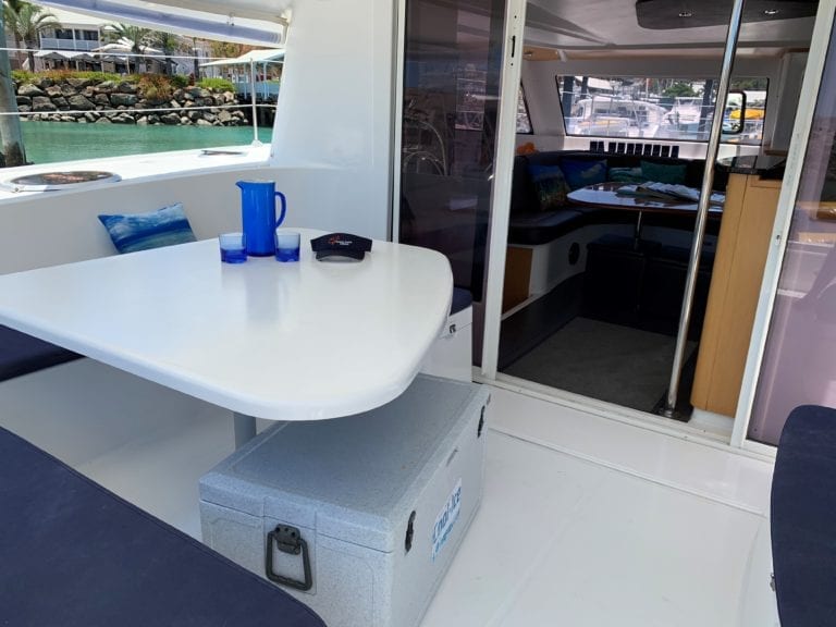 'Vela Perfecta' Fountaine Pajot 44 Sailing Catamaran Rear Deck and Esky